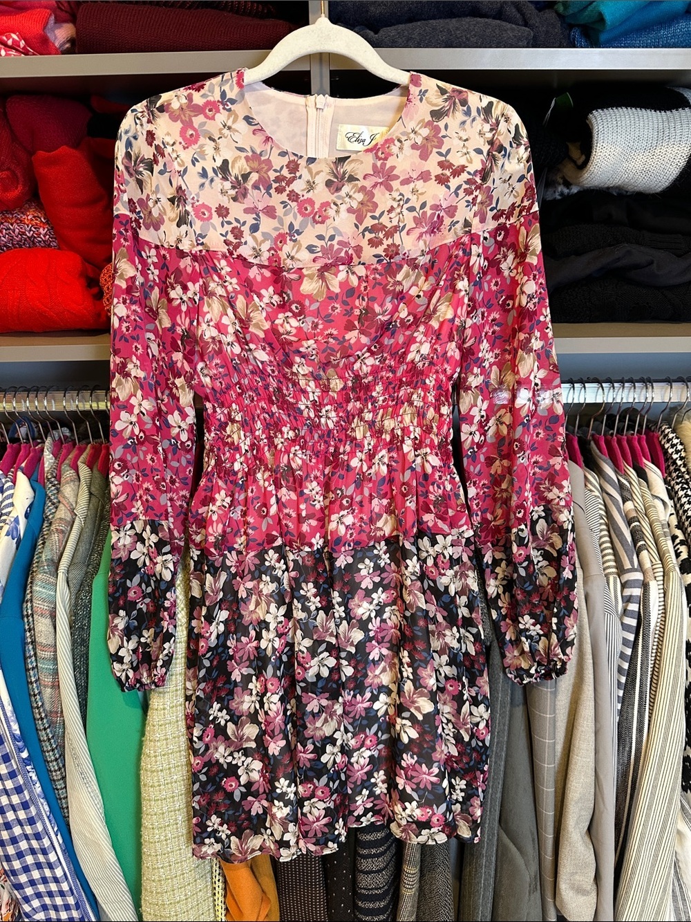 Eliza J pink/black floral elastic waist long sheer sleeve lined dress size 2P